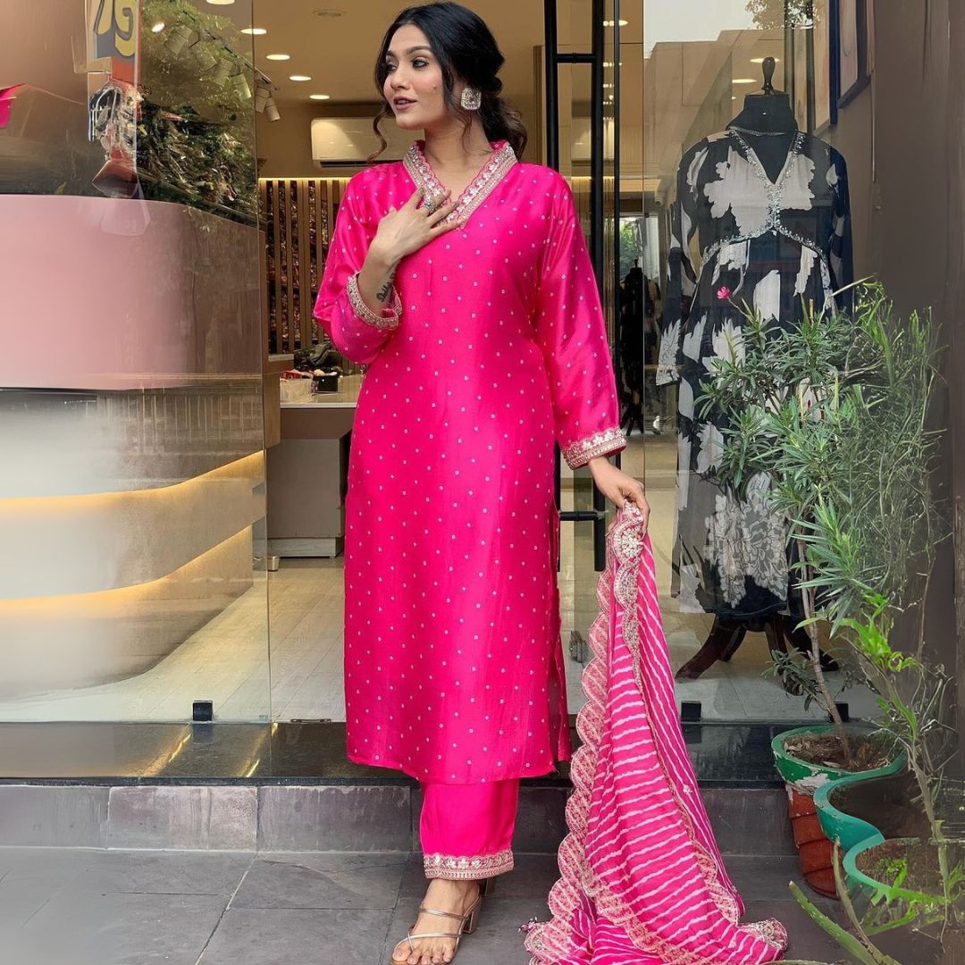 Radiant Fuchsia Viscose Suit Set with Embroidery & Muslin Dupatta