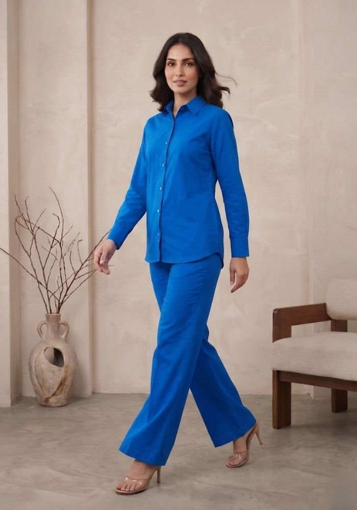 Women's Blue Cotton Shirt & Flared Pant Co-Ord Set Online