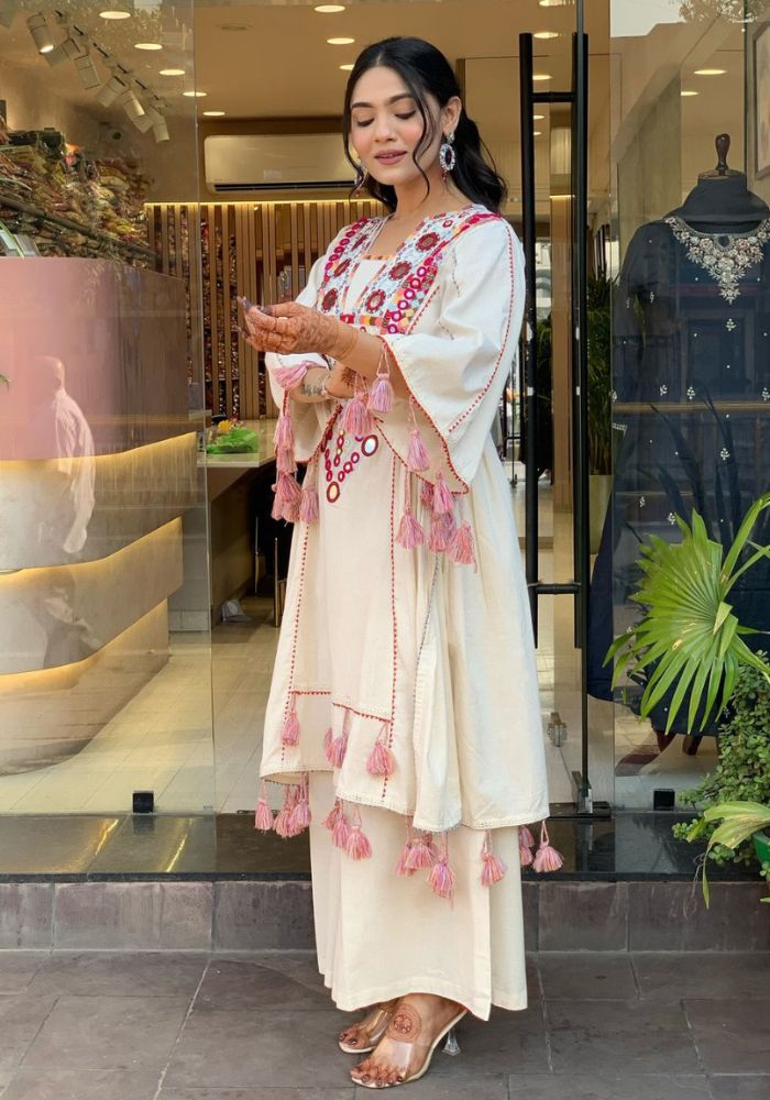 Designer Afghani Mirror Embroidered Kurti with Tassels