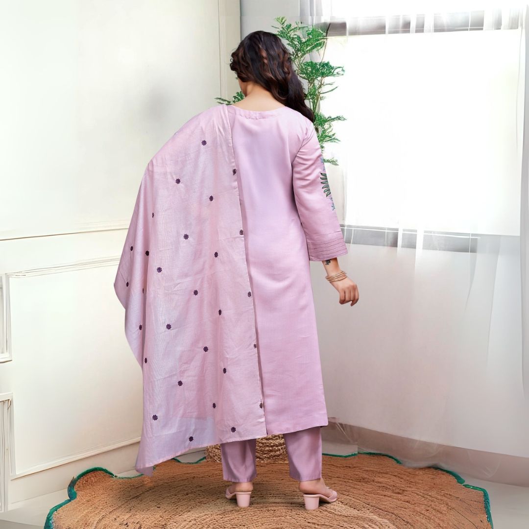 Lavender Embroidered Chanderi Silk Suit Set with Organza Dupatta