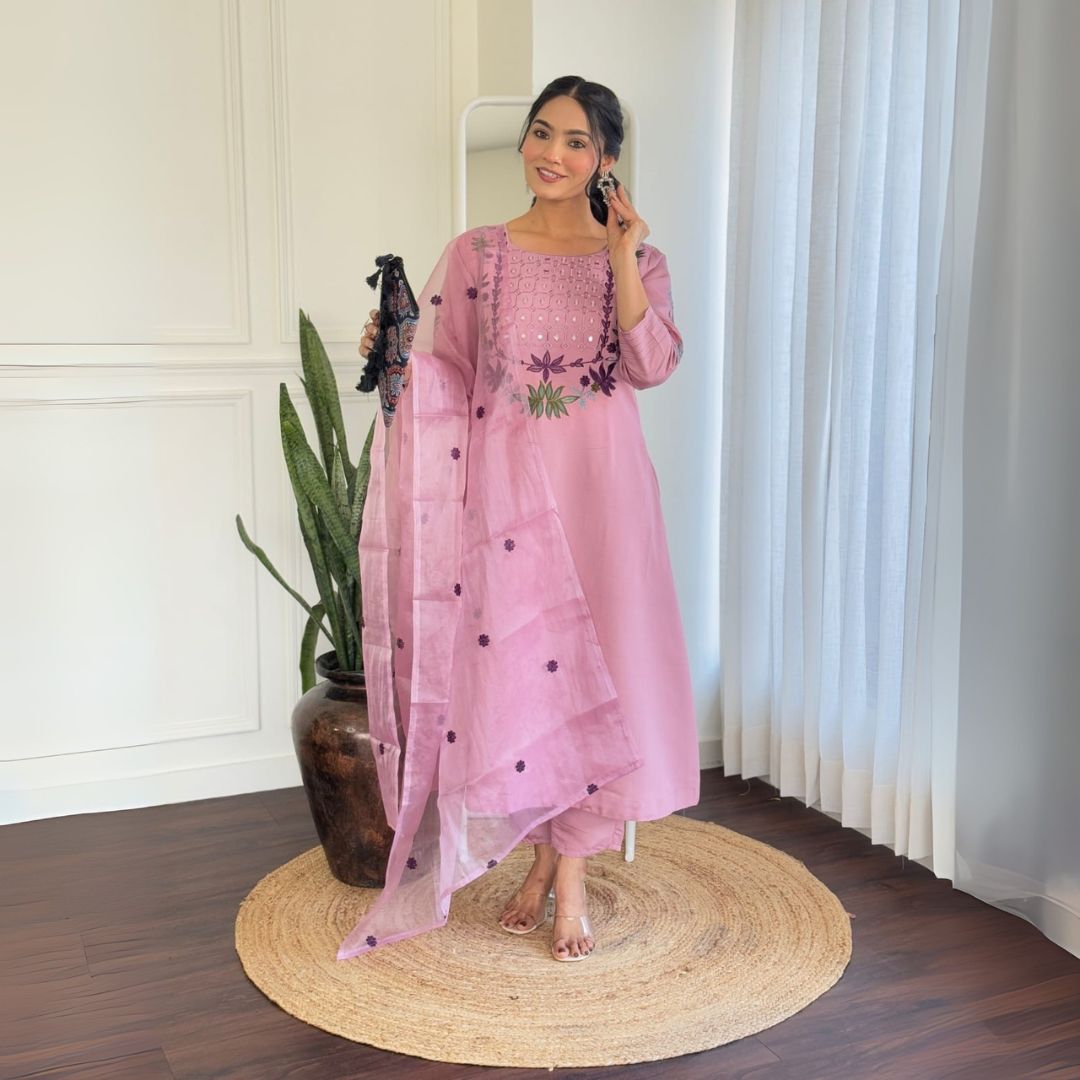 Lavender Embroidered Chanderi Silk Suit Set with Organza Dupatta