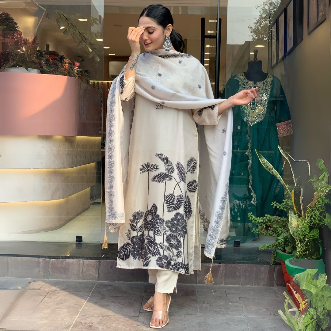 Elegant White Embroidered Chinon Silk Kurta Set with Printed Dupatta