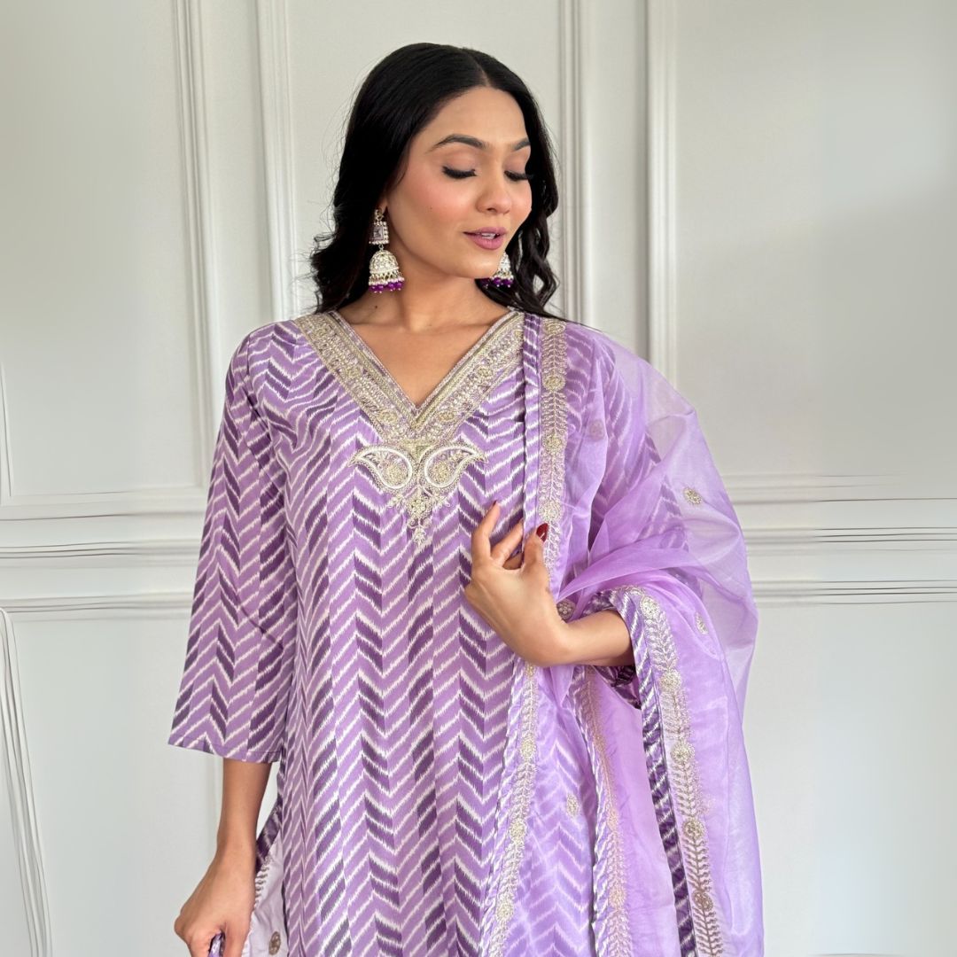 Elegant Lilac Embroidered French Crepe Suit Set with Organza Dupatta