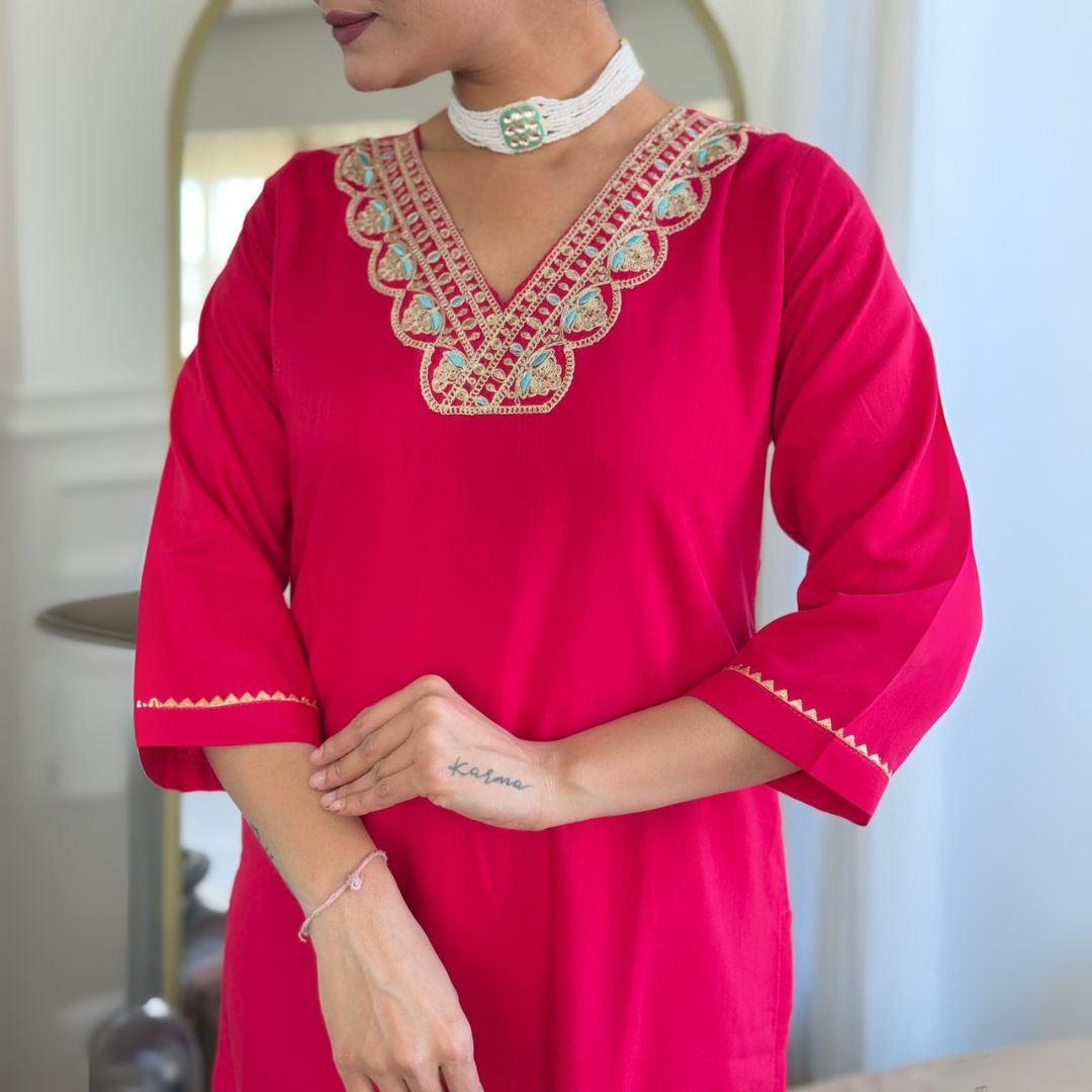 Graceful Fuchsia Embroidered Kurta Set with Printed Tebby Silk Dupatta