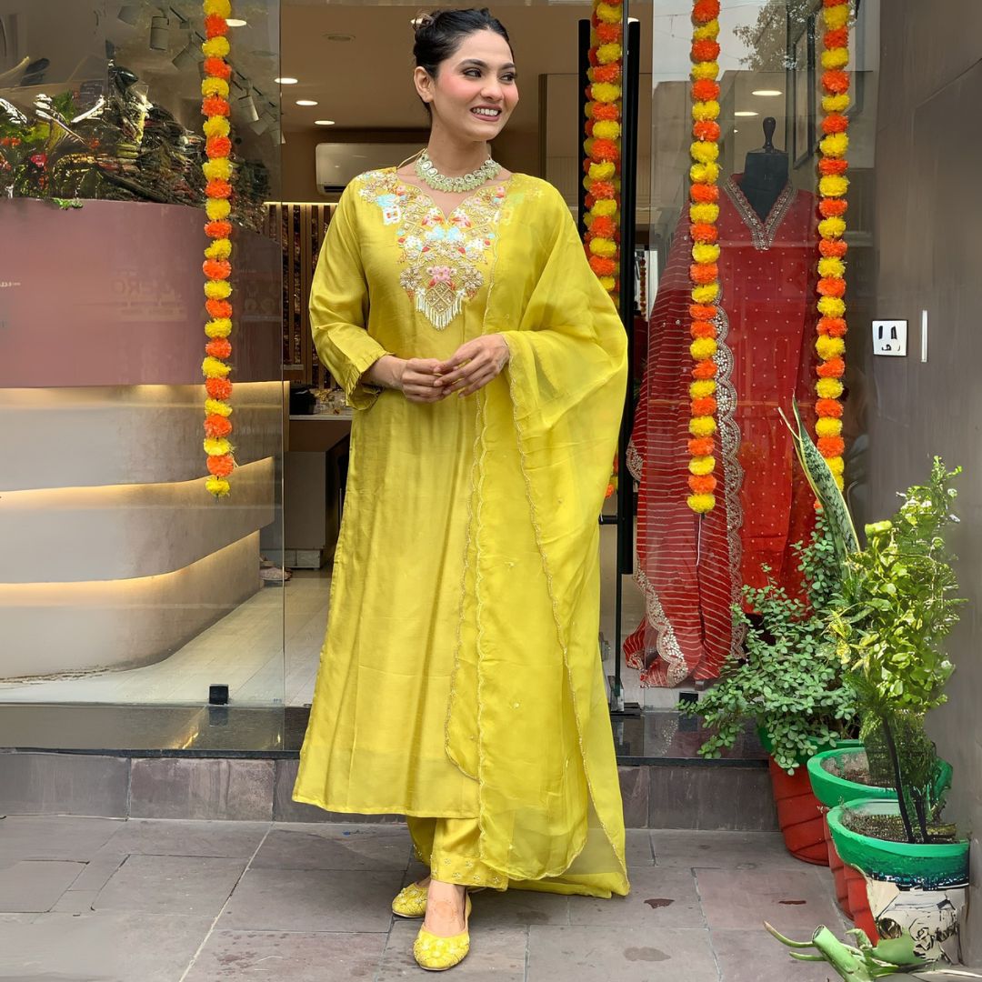 Radiant Mustard Yellow Embroidered Chanderi Suit Set