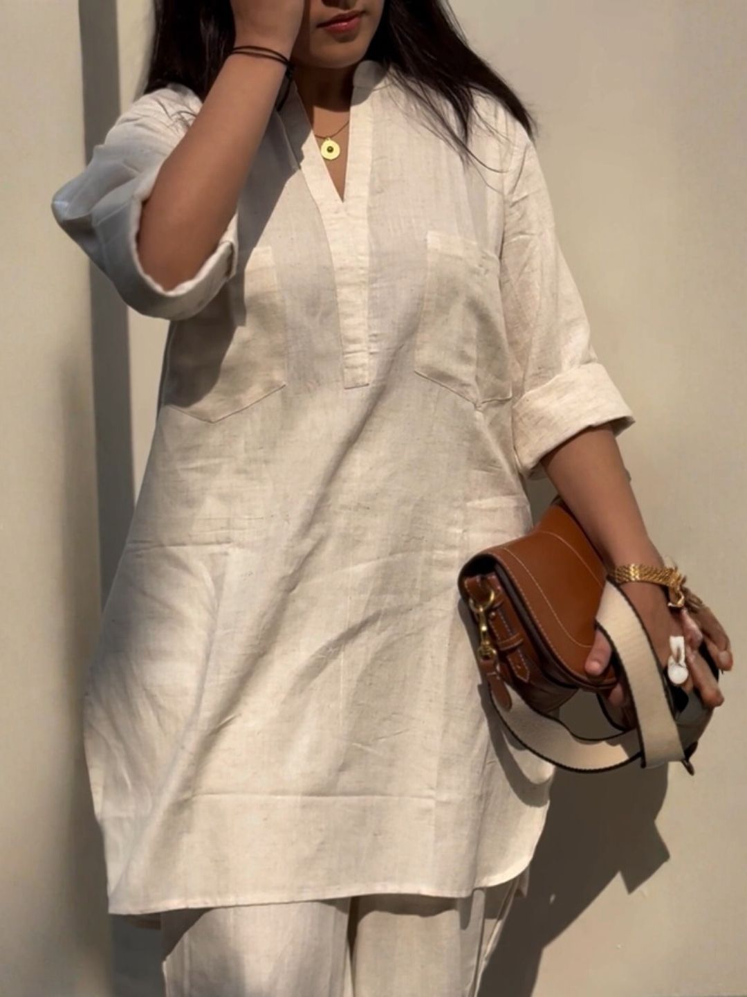 Women’s Linen Cream Co-Ord Set – Kurti & Pants