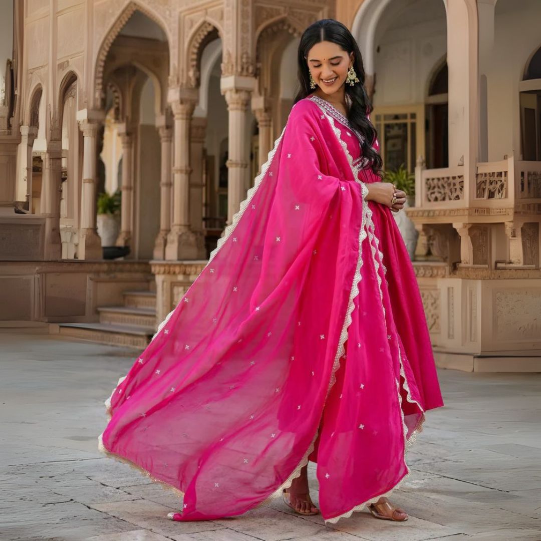Fuchsia Pink Anarkali Kurta Set with Embroidered Dupatta – Aathado Festive Collection