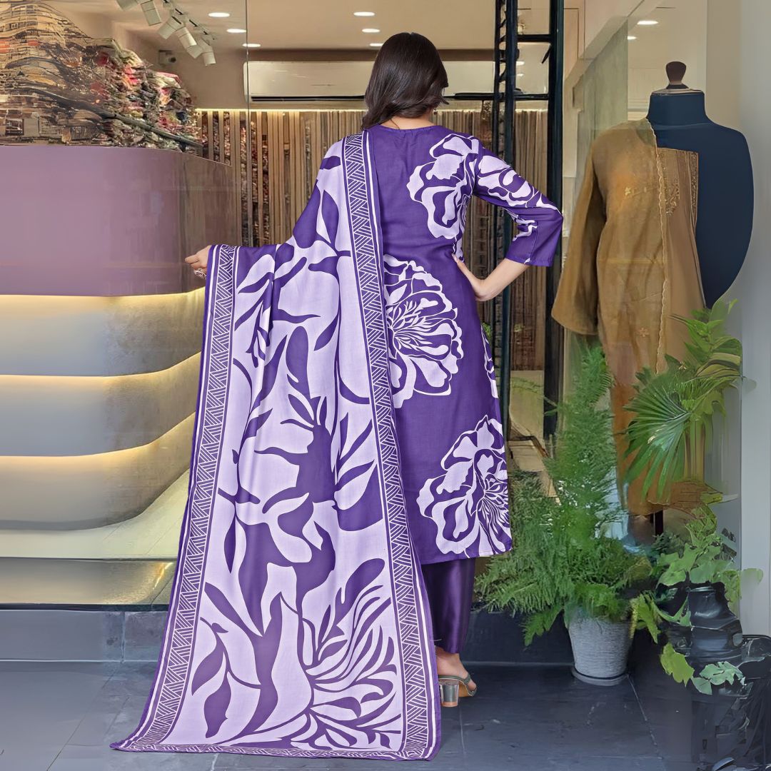 Elegant Purple Mal Cotton Embroidered Suit Set with Dupatta