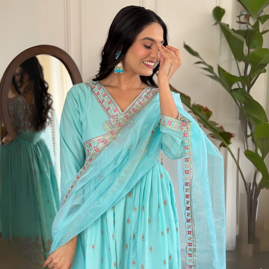 Elegant Aqua Blue Embroidered Kurta Set with Organza Dupatta