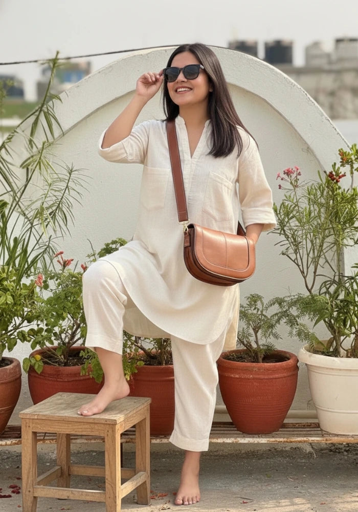 Buy stylish cream cotton co-ord set for women at Aathado
