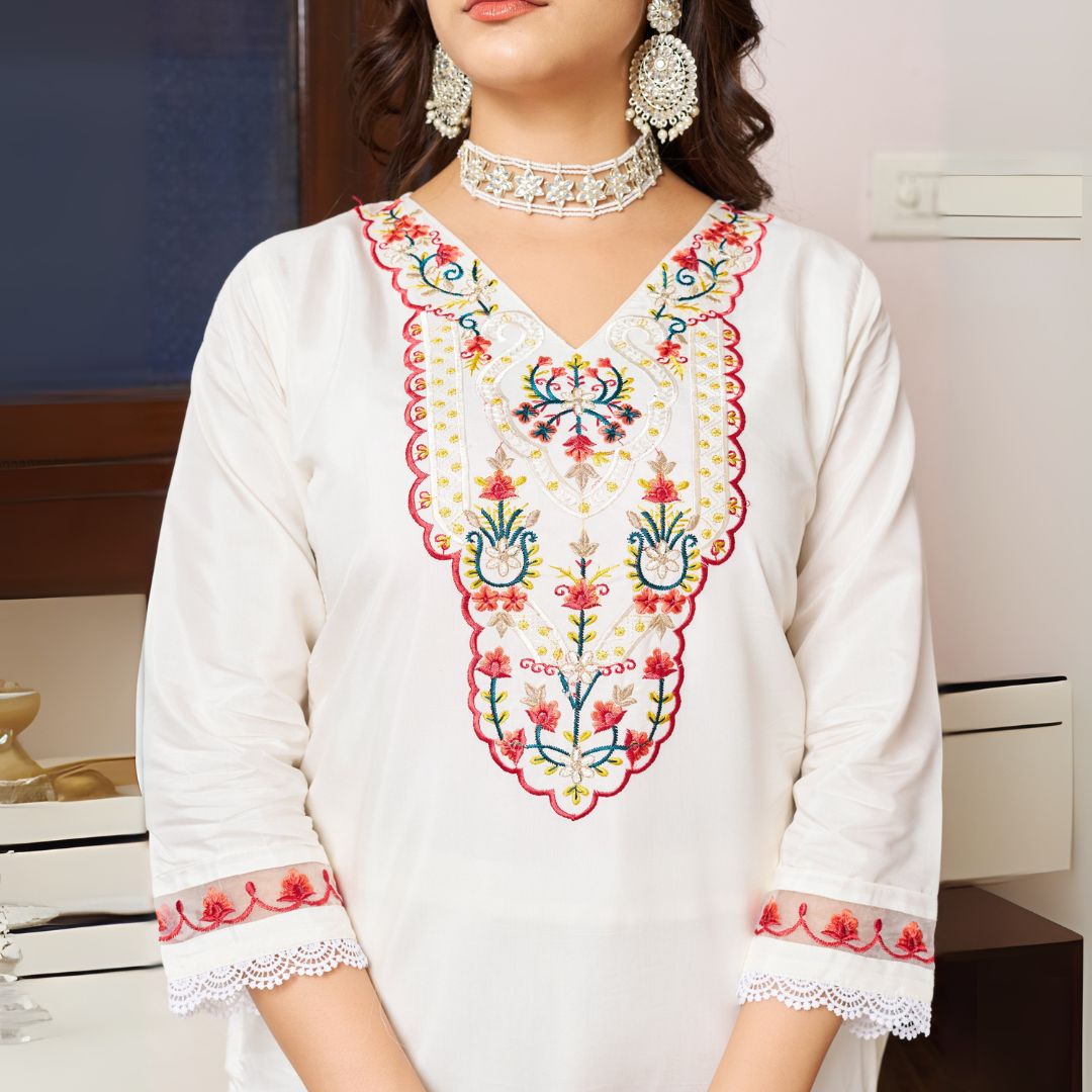 Ivory Bloom Embroidered Chanderi Silk Suit Set with Floral Dupatta