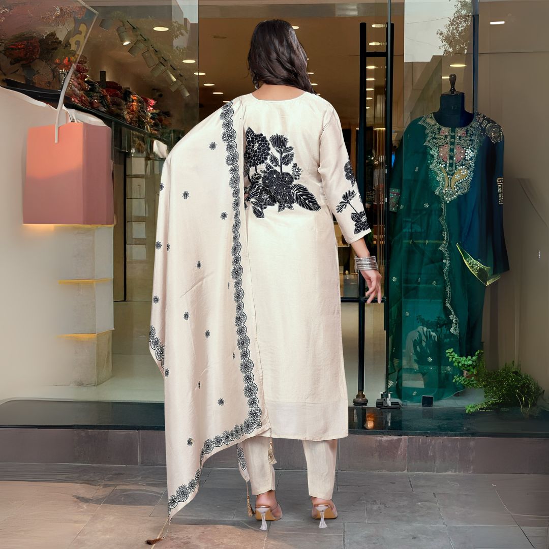 Elegant White Embroidered Chinon Silk Kurta Set with Printed Dupatta