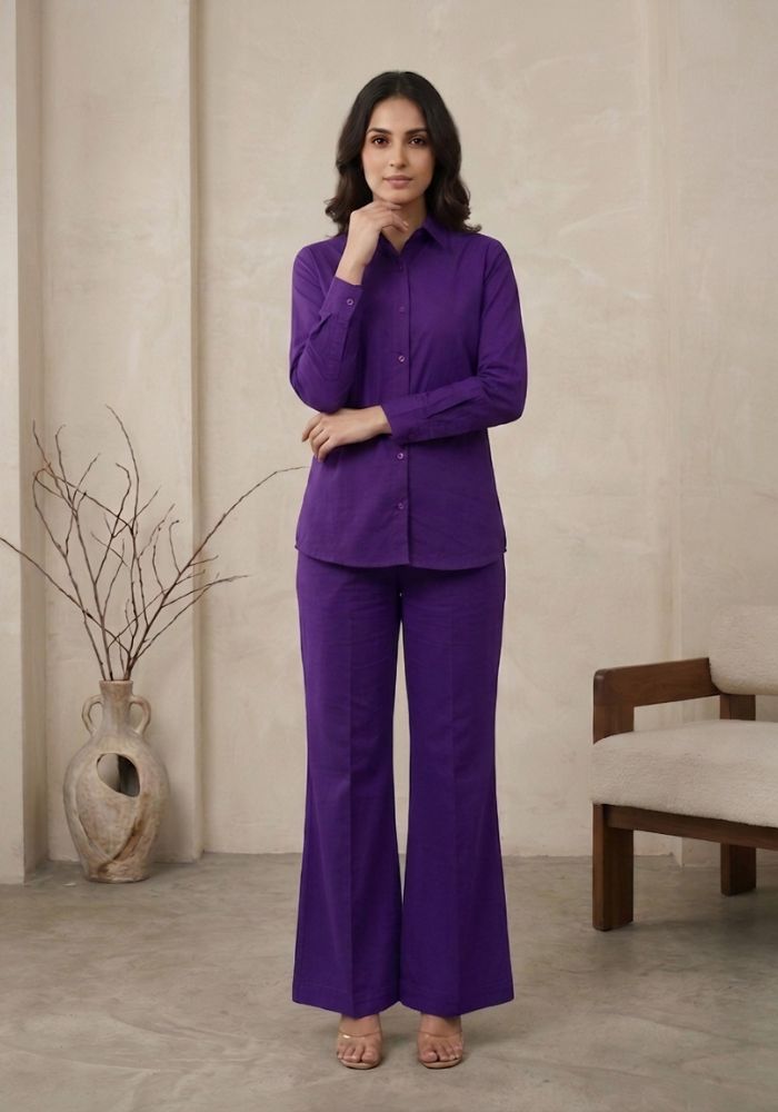 Buy Cotton Shirt & Flared Pant Purple Co-Ord Set