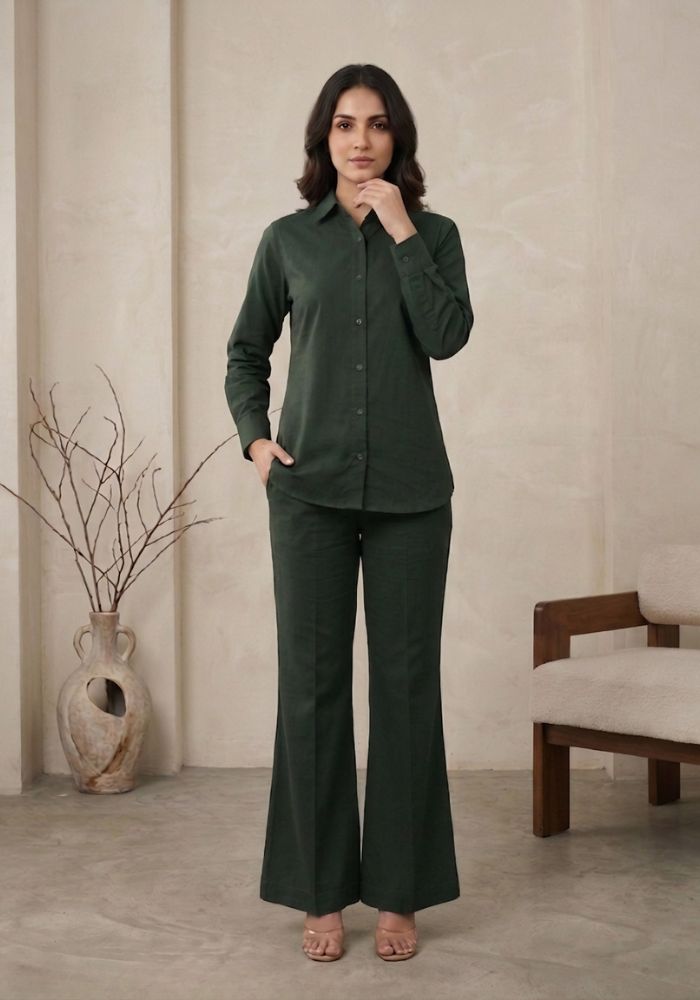 Premium Cotton Shirt & Flared Pant Green Co-Ord Set