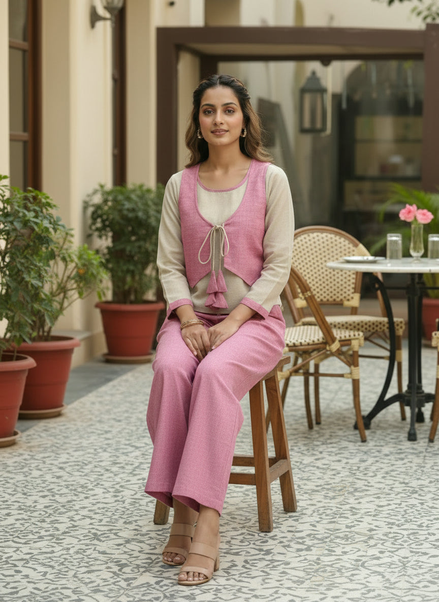 Women Linen Co-Ord Set – Pink Wide Leg Pants