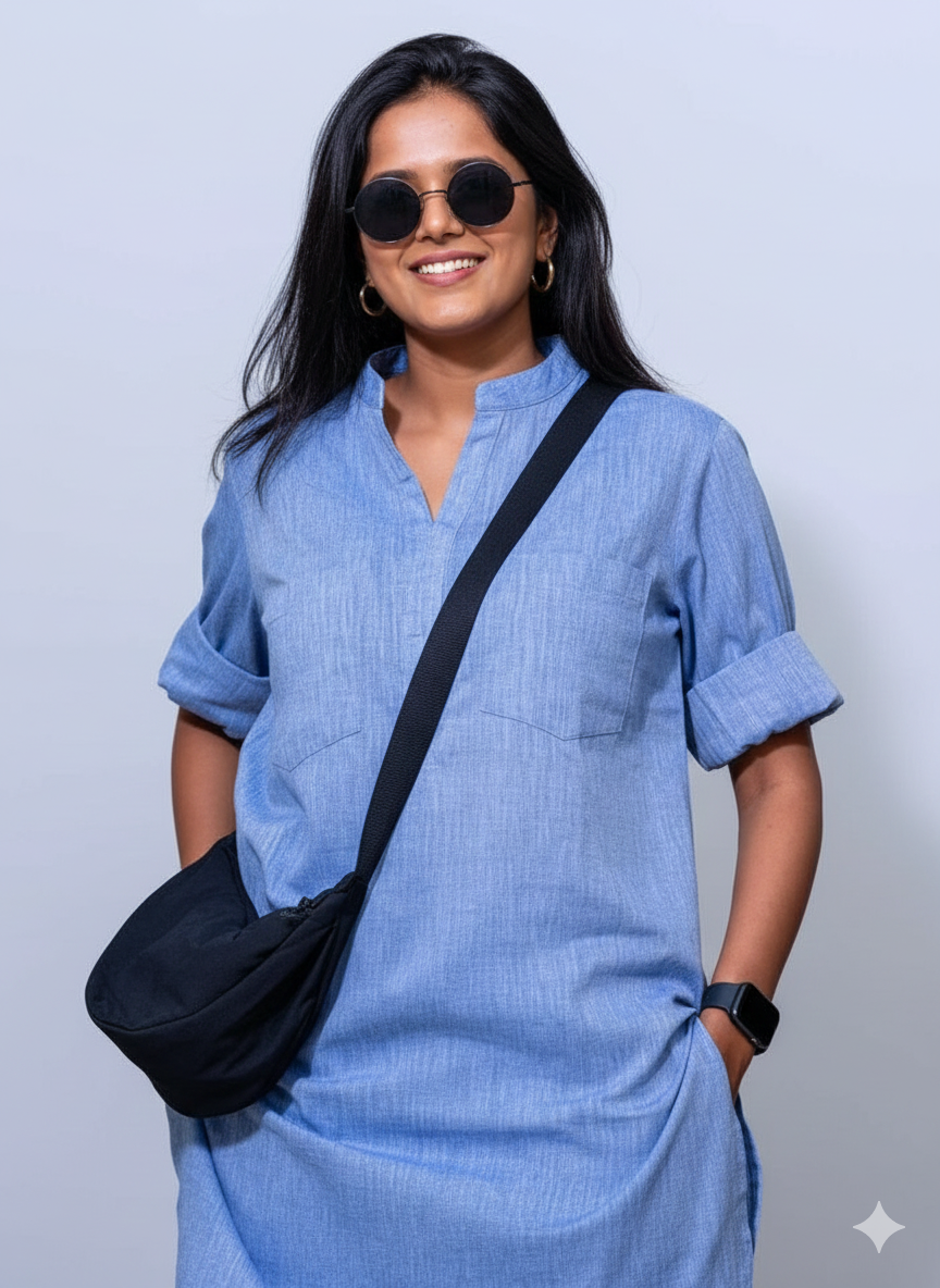 Women’s Linen Blue Co-Ord Set – Kurti & Pants