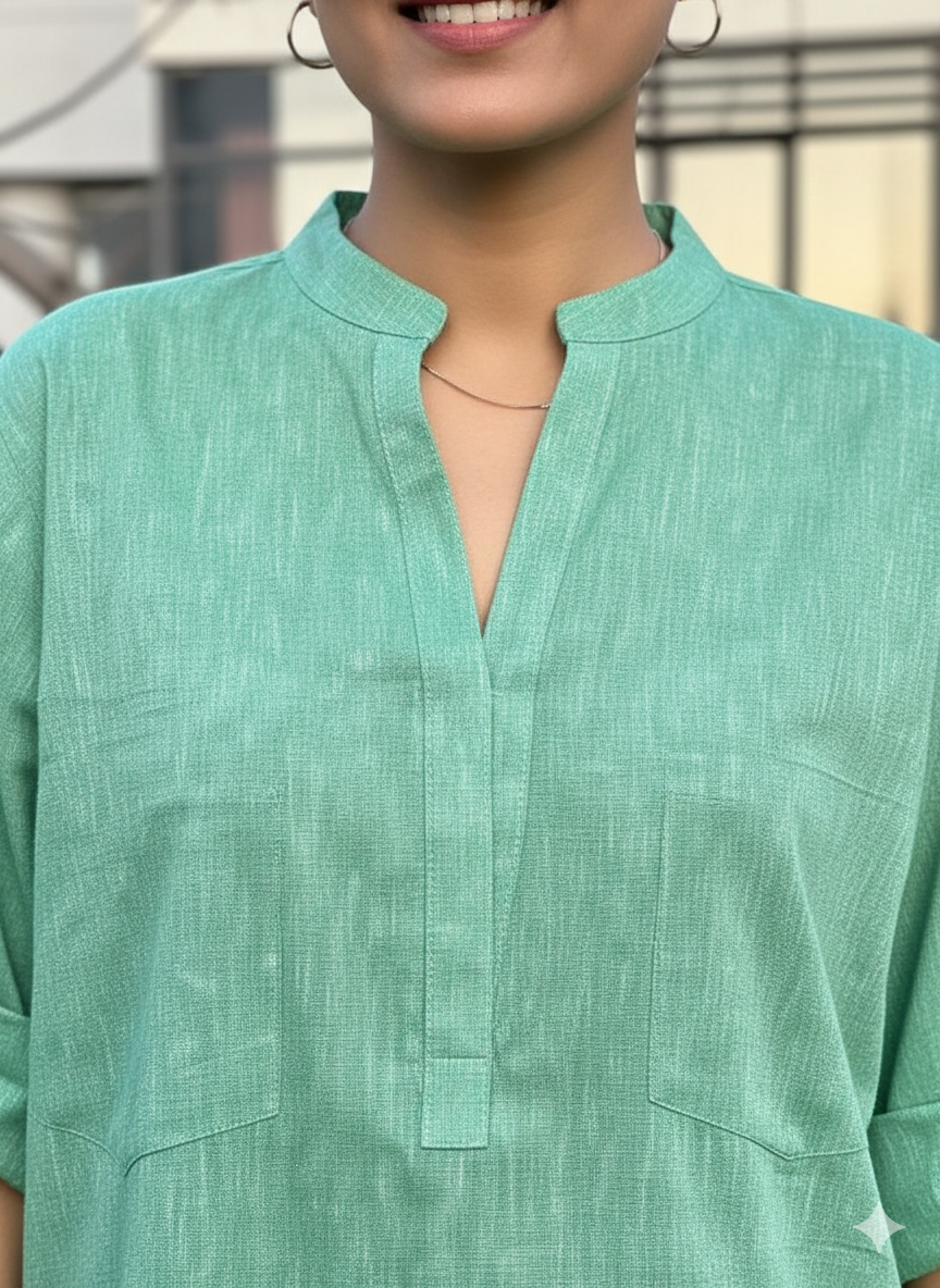 Women’s Linen Green Co-Ord Set – Kurti & Pants