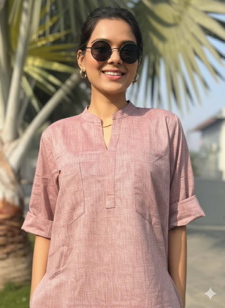 Women’s Linen Maroon Co-Ord Set – Kurti & Pants