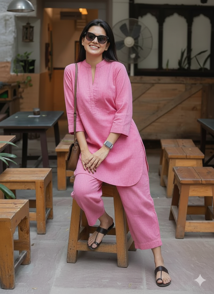Women’s Linen Pink Co-Ord Set – Kurti & Pants