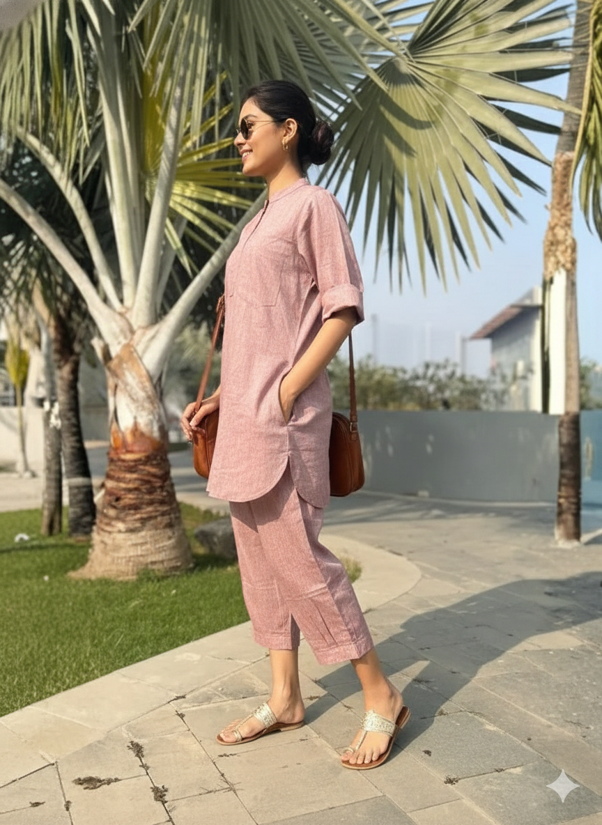 Women’s Linen Maroon Co-Ord Set – Kurti & Pants