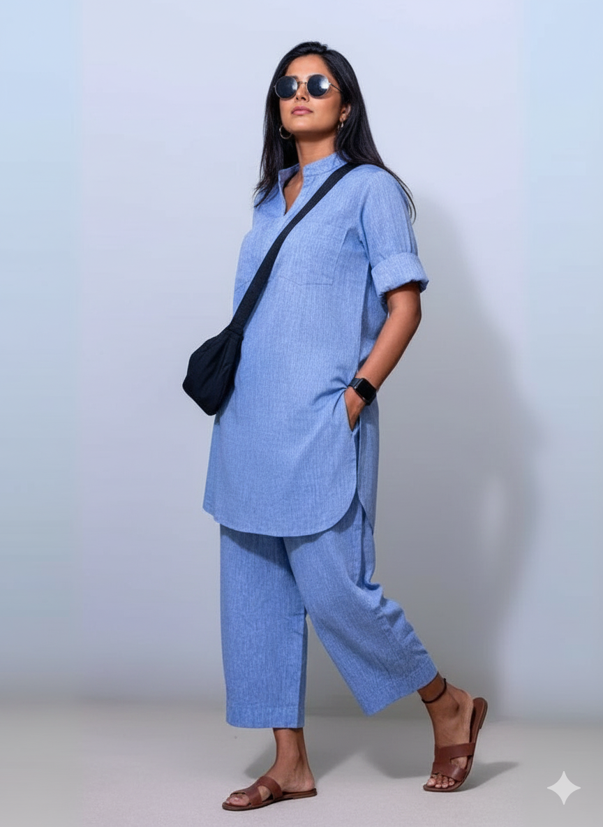 Women’s Linen Blue Co-Ord Set – Kurti & Pants