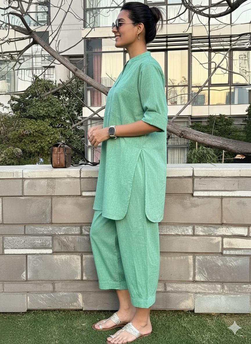 Women’s Linen Green Co-Ord Set – Kurti & Pants