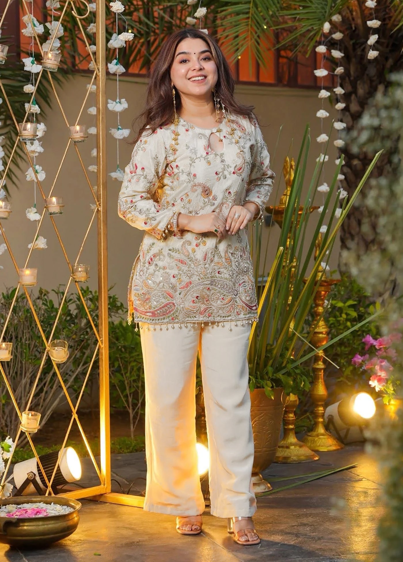 Premium Embroidered Cream Kurti with Palazzo Set for Women | Festive Ethnic Wear | Party Wear Designer Kurti Set