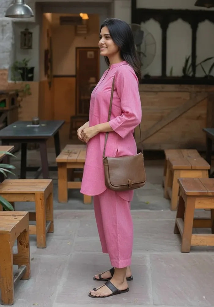 Woman wearing a pink straight-fit Co-Ord Set