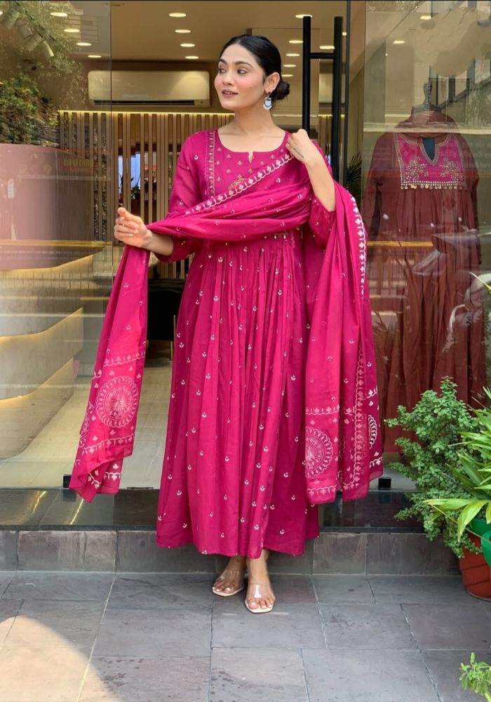Magenta embroidered Anarkali kurta set with dupatta for festive wear