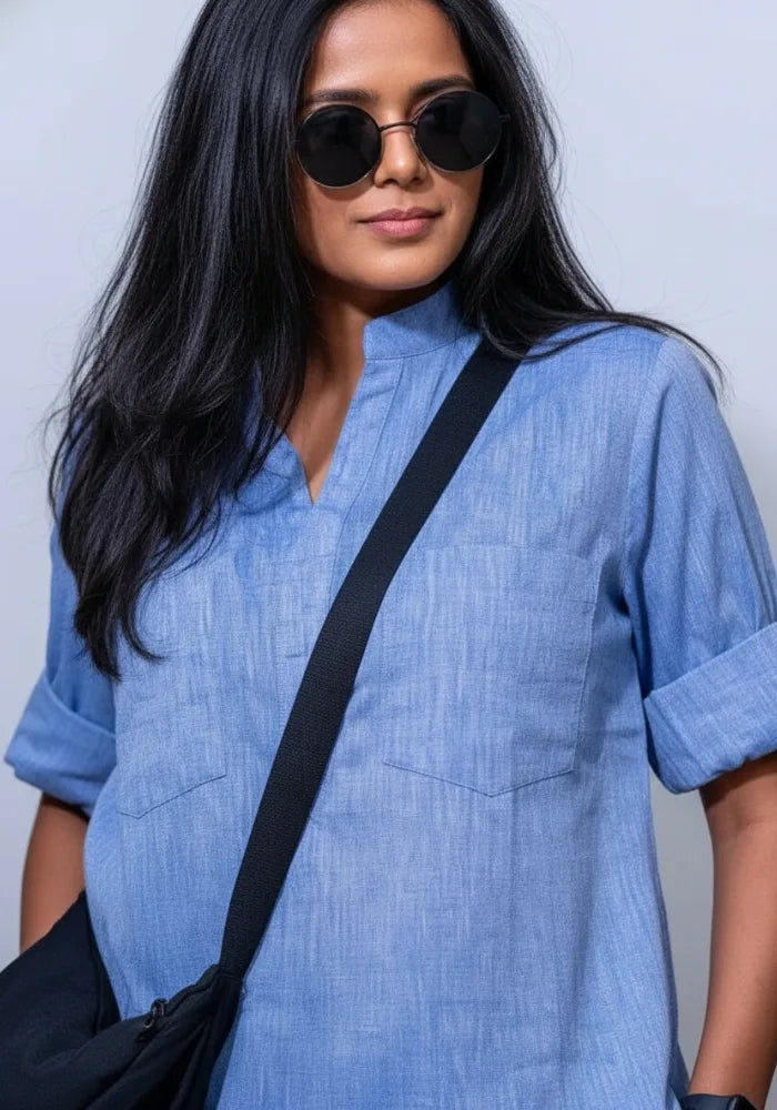 Women’s Linen Blue Co-Ord Set – Kurti & Pants