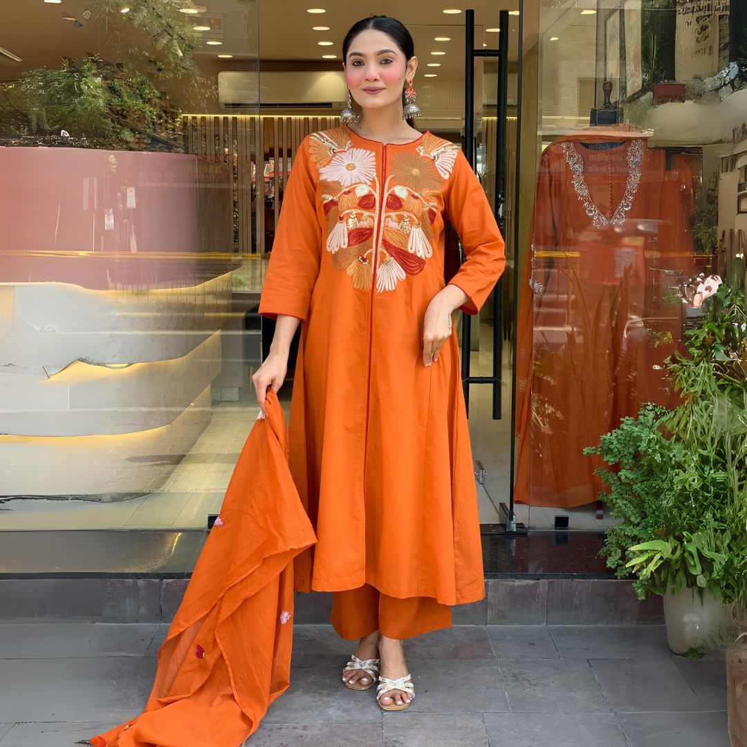 Orange floral embroidered kurta set with palazzo for women