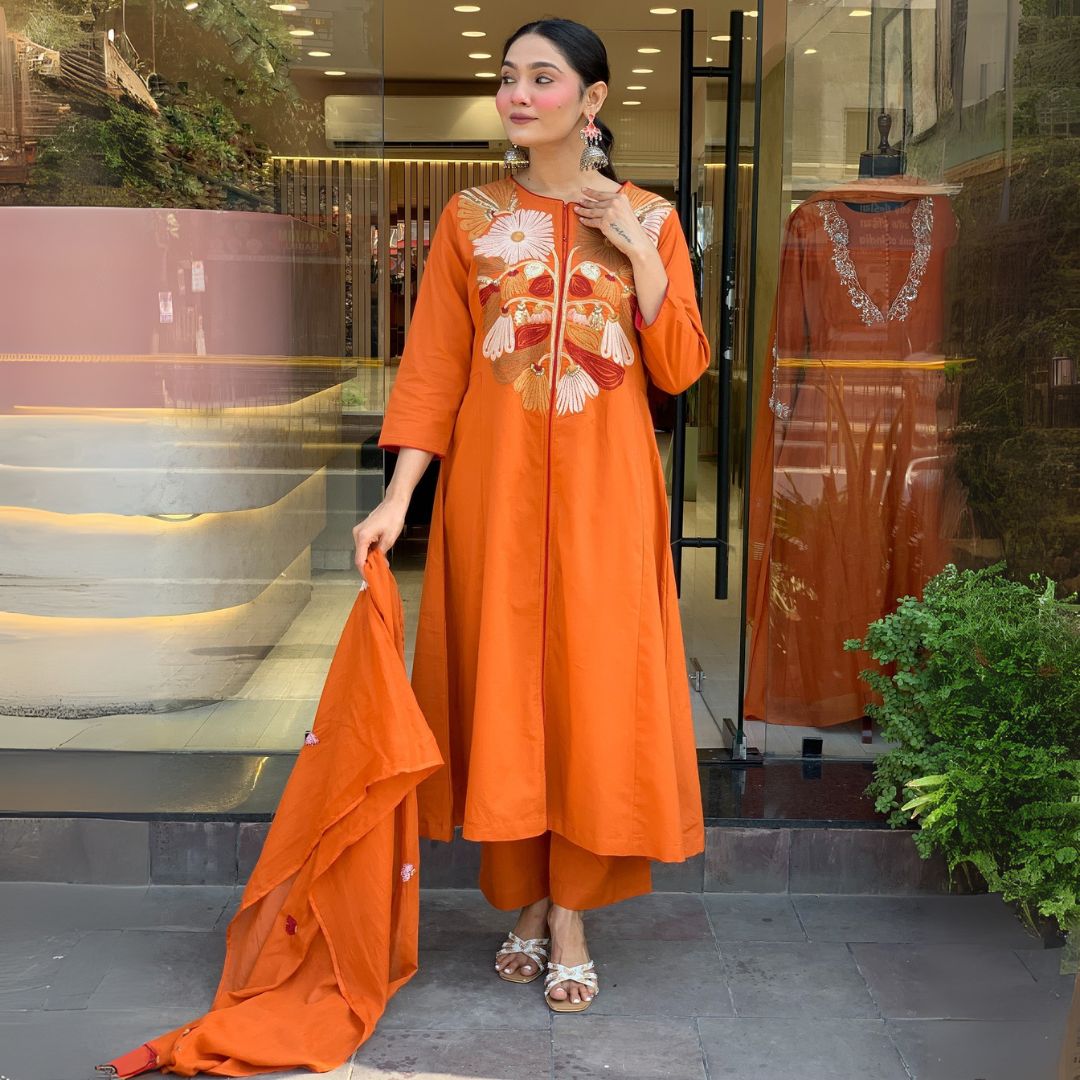 Orange floral embroidered kurta set with palazzo for women