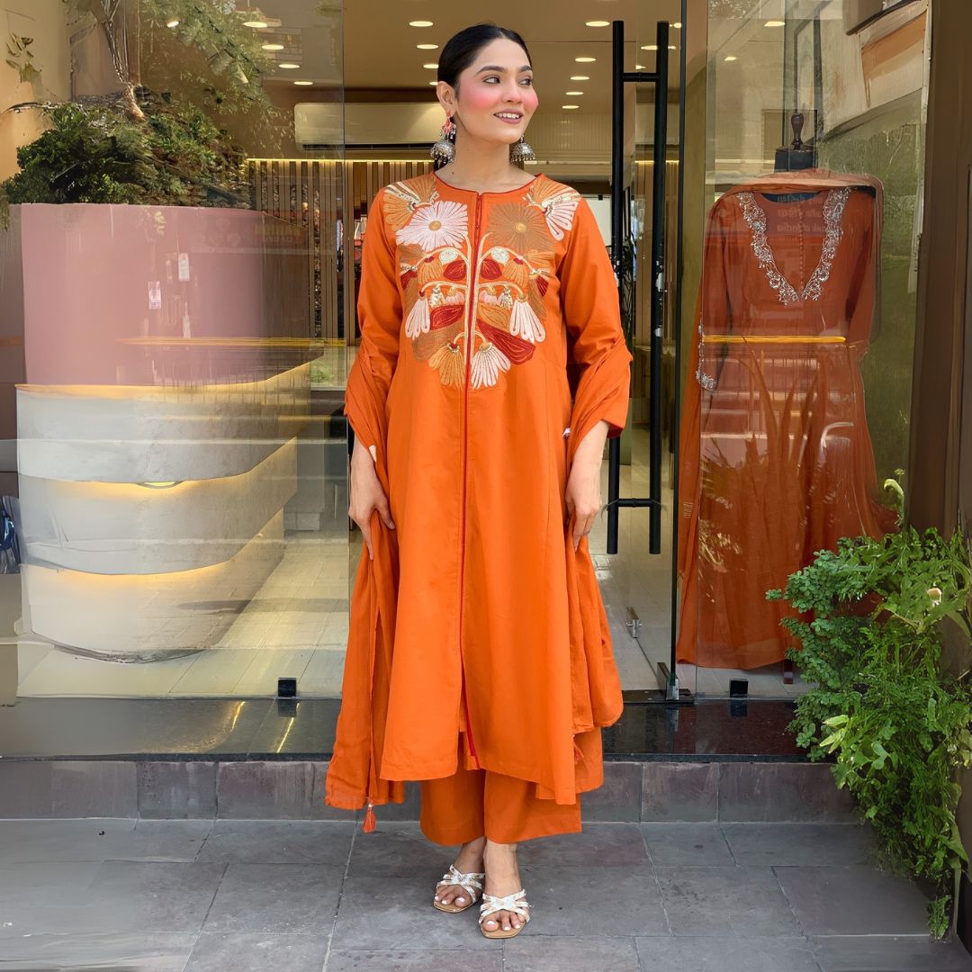 Orange floral embroidered kurta set with palazzo for women