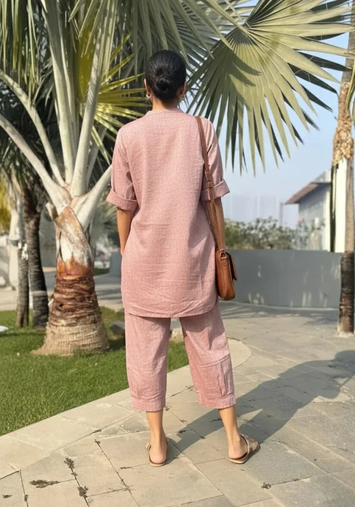 Buy stylish pink kurta-style co-ord set for women at Aathado
